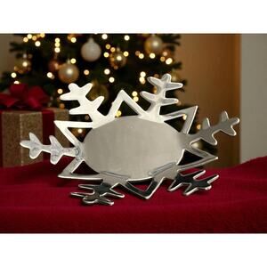 Crate & Barrel 7” Winter Silver Snowflake Plate Candle Pillar Holder Shiny
